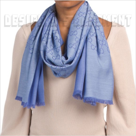 GUCCI light Blue & Periwinkle GGNAT wool & silk 18"x70" shawl Pashmina scarf NWT - Picture 7 of 10